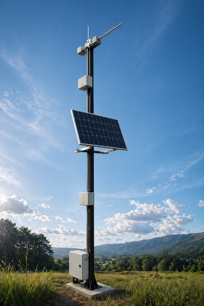 Nodo AgroSense — infraestructura LoRa autónoma con panel solar en terreno